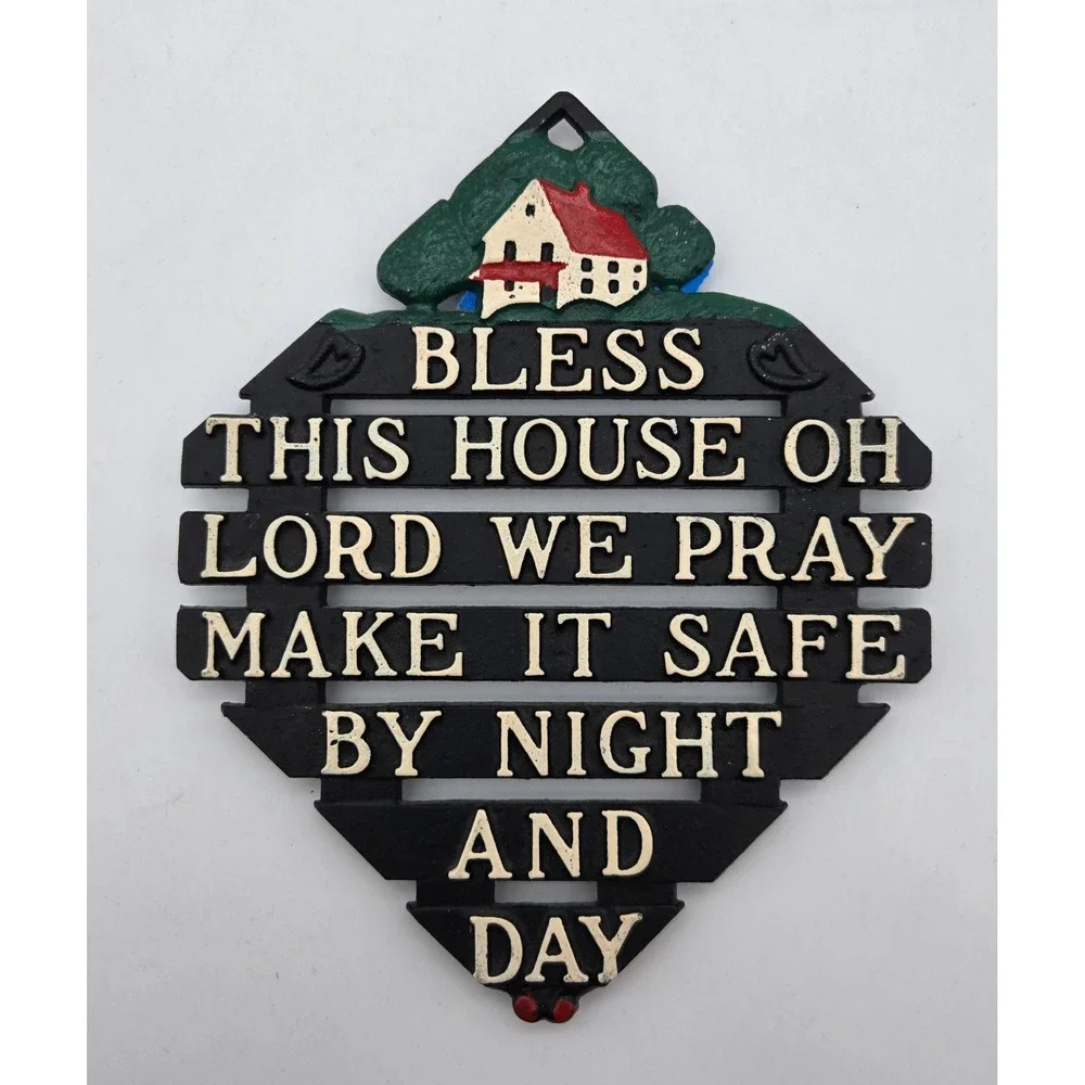 Vintage Cast Iron Bless This House Oh Lord We Pray Wall Plaque Trivet USA
